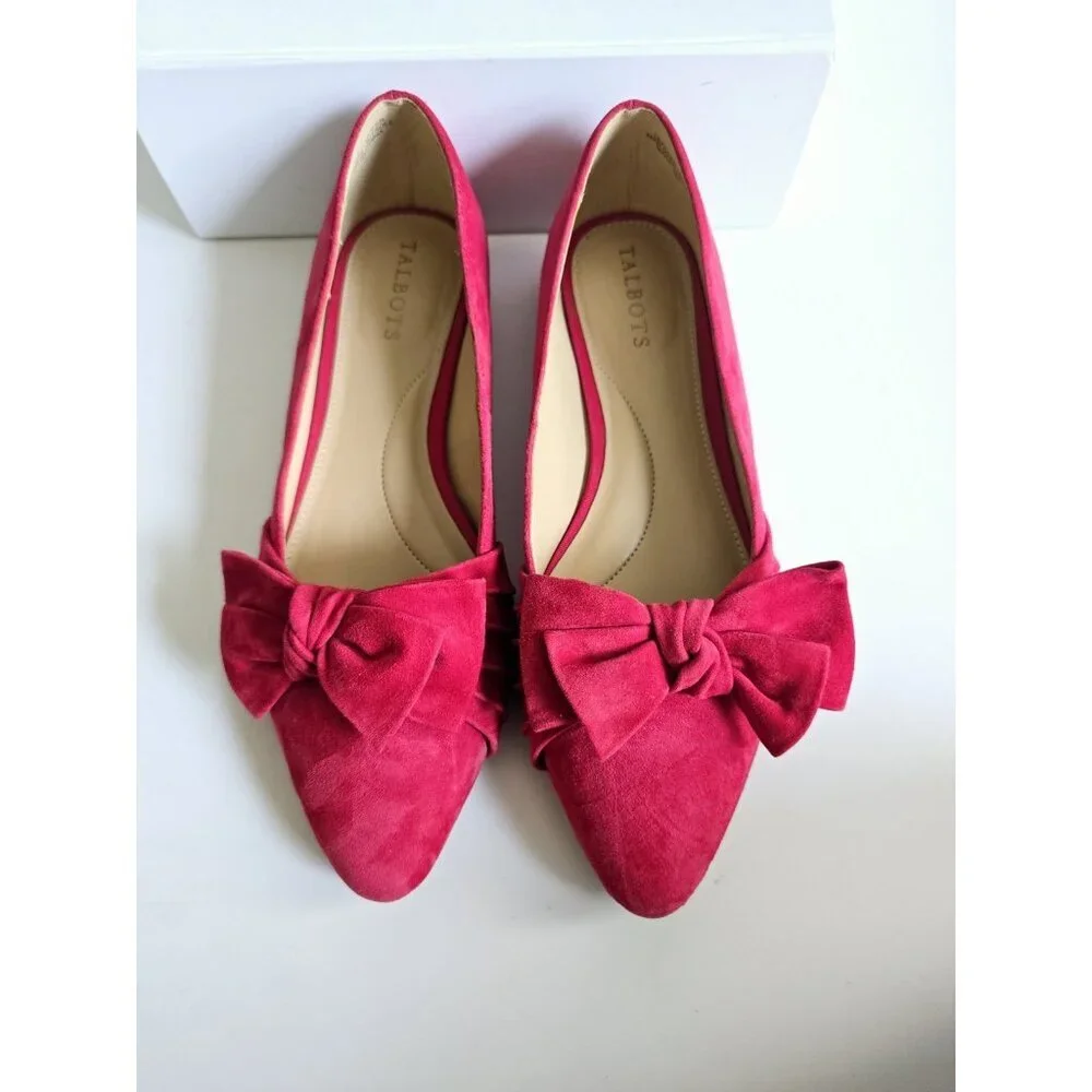 Talbots Edison Red Bow Suede Leather Almont Pointed Toe Ballet Flats Shoes 7